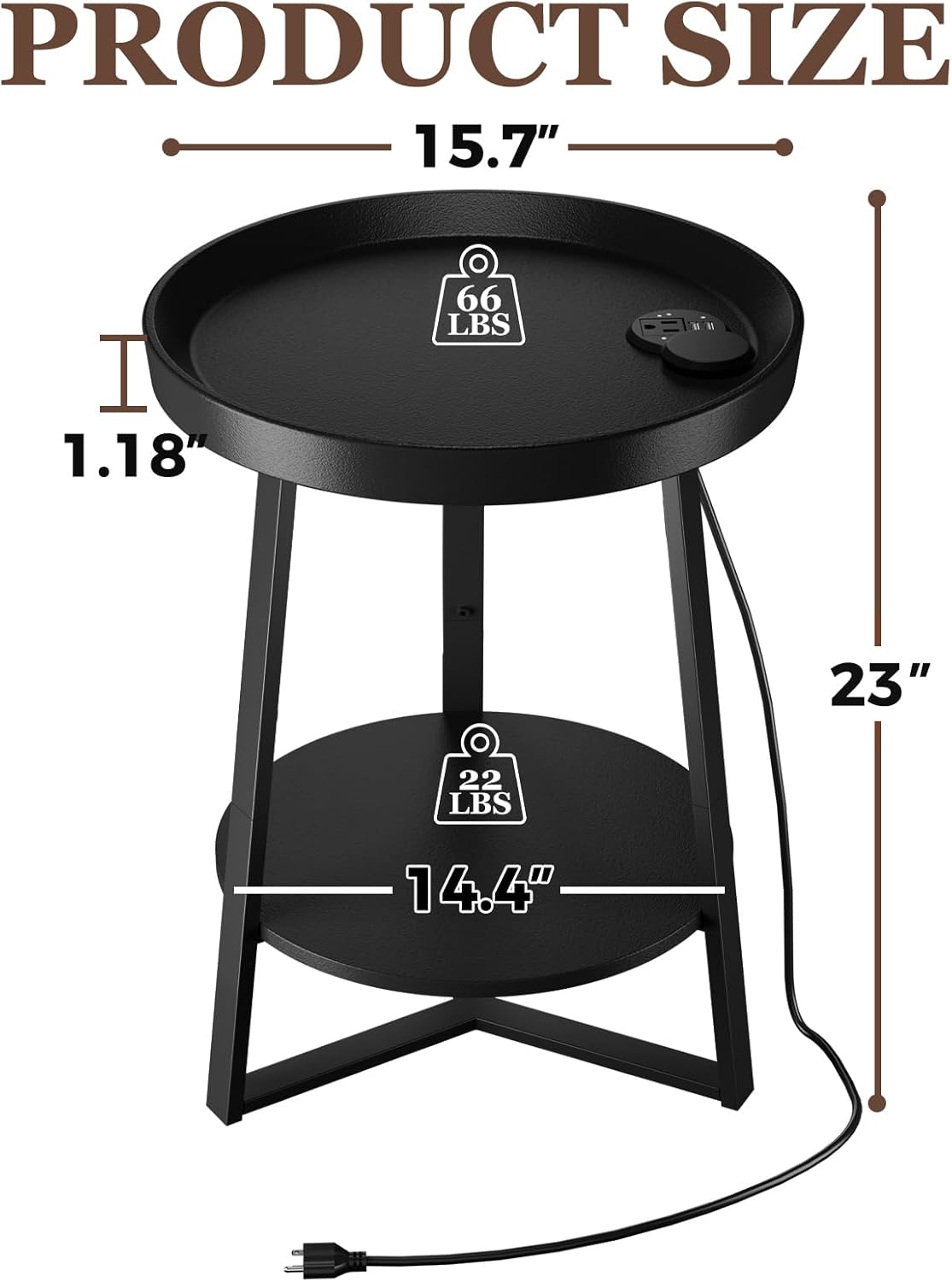 Gadroad Round End Table with Charging Station, Wood Tabletop & Black Metal Frame, 2 Tier Farmhouse Side Table Nightstand for Living Room, Bedroom, Black 15.7 * 15.7 * 23.0inches
