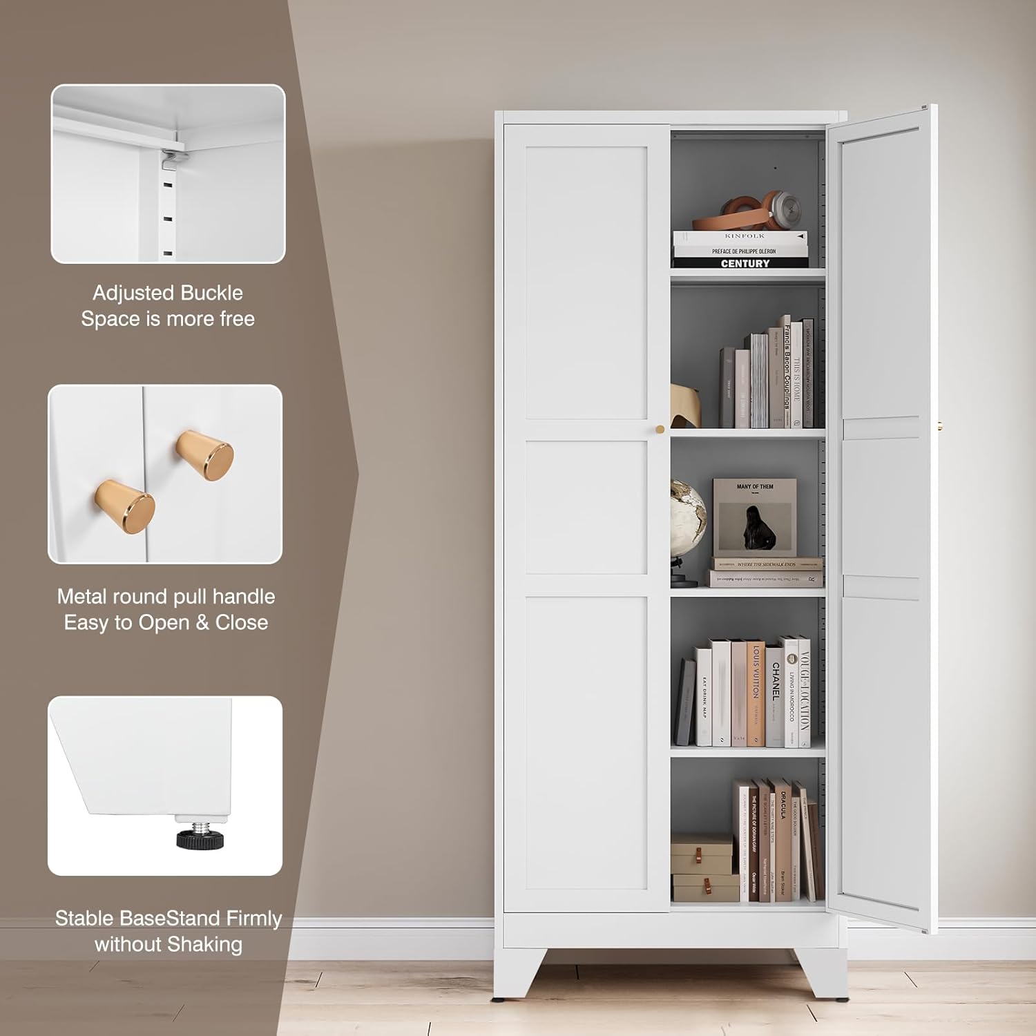Metal Pantry Cabinet 75" with 2 Doors and 4 Adjustable Shelves, Freestanding Kitchen Cupboard Storage Cabinet for Dining Room, Living Room or Bathroom, White