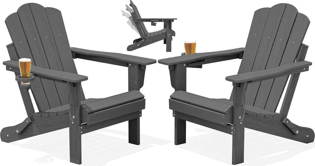 KINGYES Adjustable Folding Adirondack Chair Set of 2, 3-Position Reclining Adirondack Chairs with Cup Holder, HDPE All-Weather Oversized Adirondack for Outdoor, Patio, Backyard Deck, Fire Pit, Gray