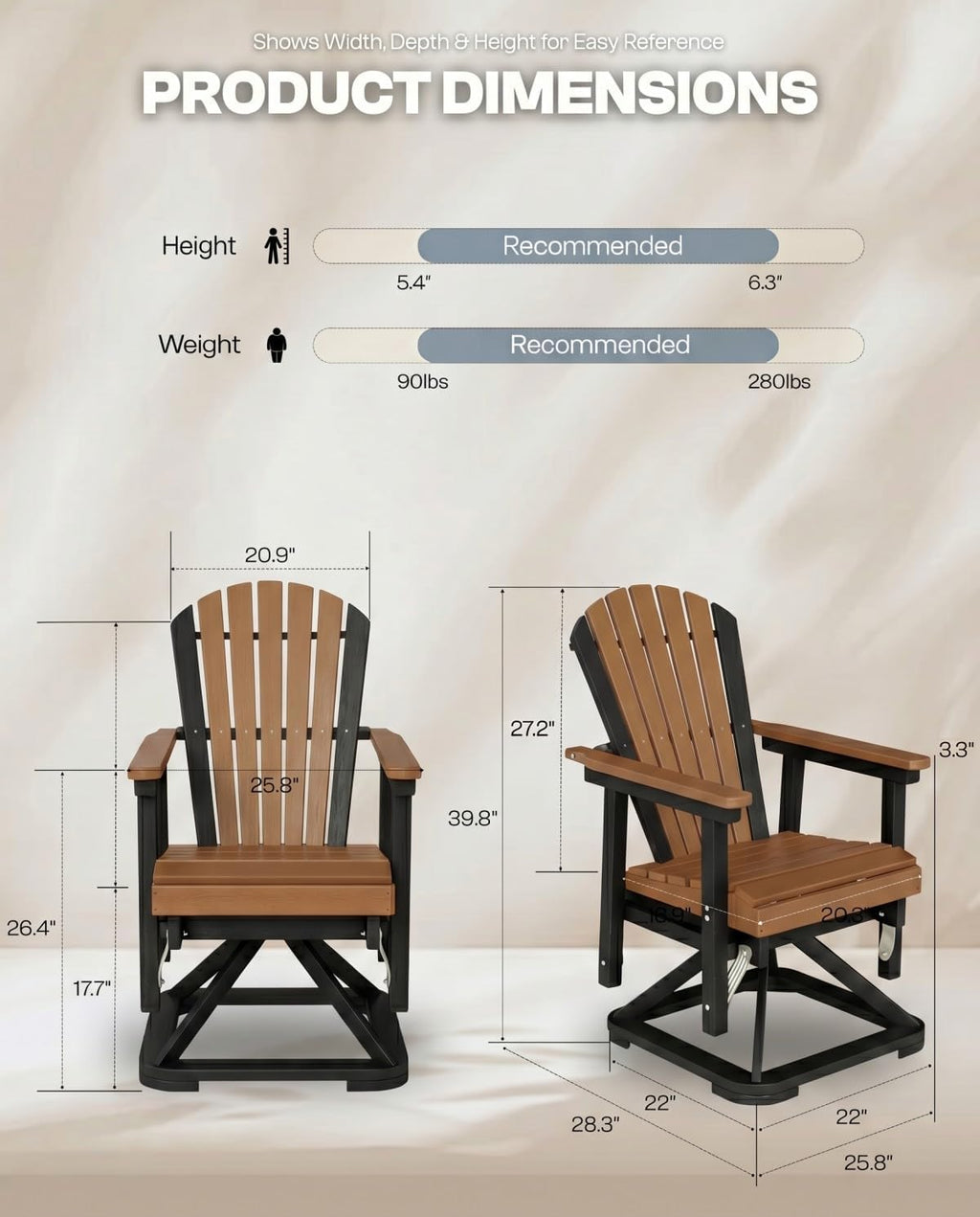 HDPE Swivel Glider Chair Outdoor, Weather Resistant Adirondack Outside Rocking Chair, Wooden Textured Outdoor Swivel Chair Set of 2 for Porch, Balcony, Poolside, Backyard (Black&Teak)