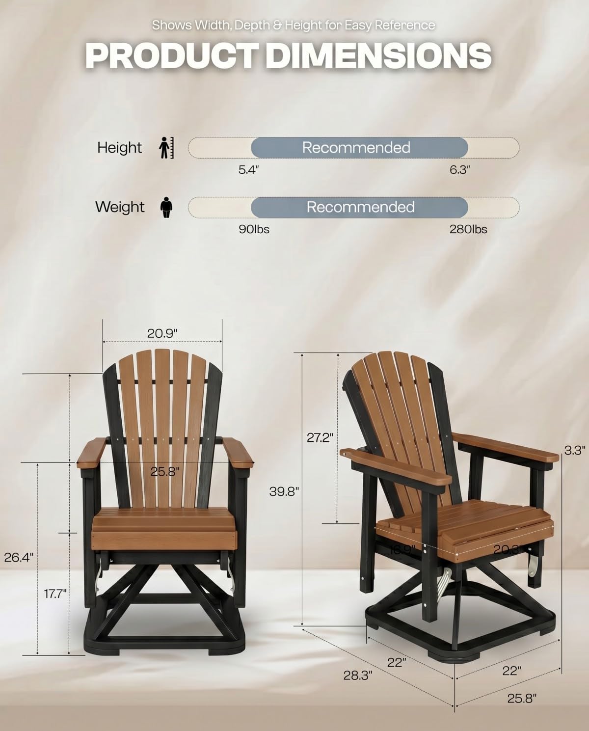 HDPE Swivel Glider Chair Outdoor, Weather Resistant Adirondack Outside Rocking Chair, Wooden Textured Outdoor Swivel Chair Set of 2 for Porch, Balcony, Poolside, Backyard (Black&Teak)