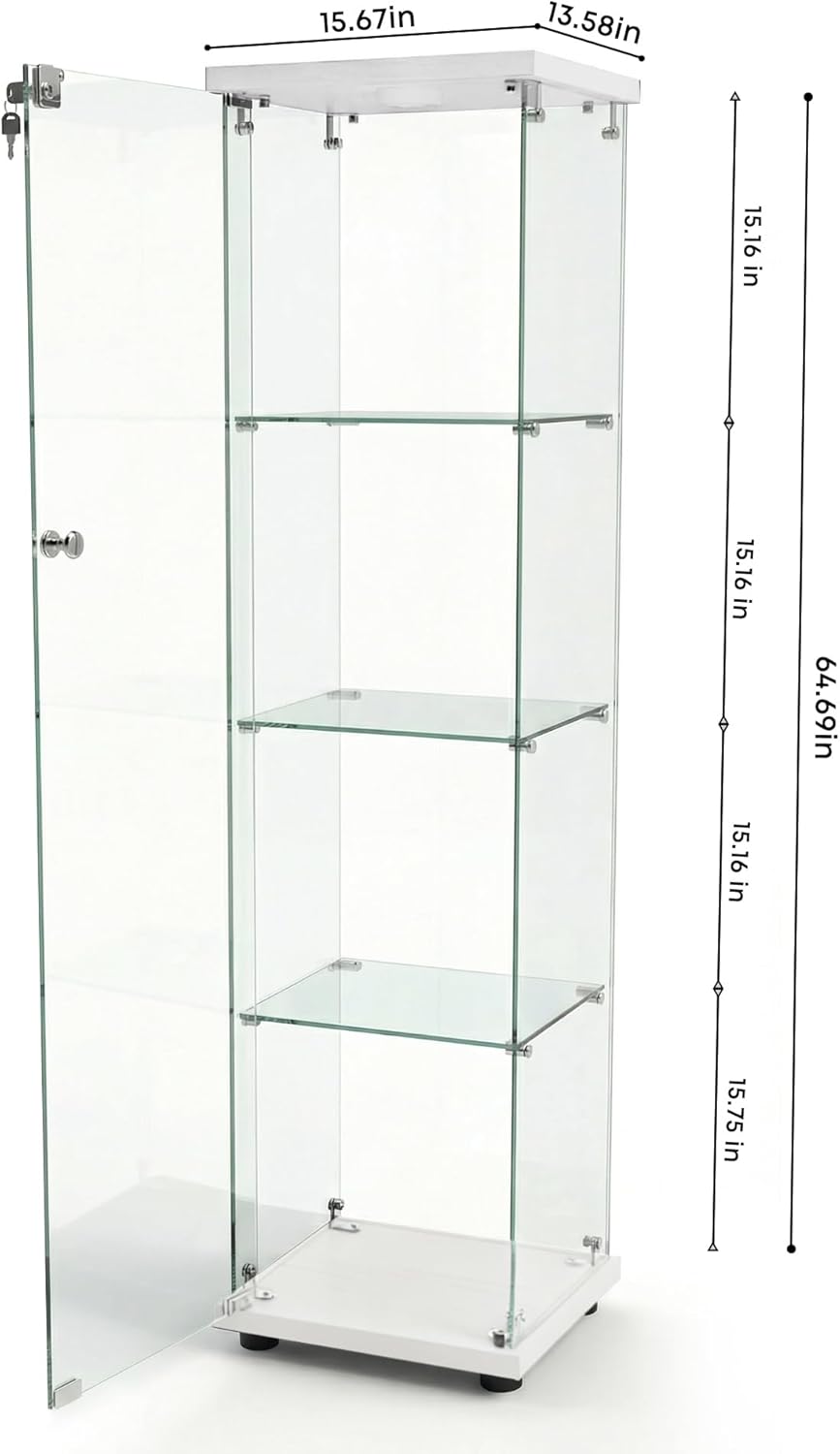 Display Cabinet with Glass Door and LED Light, 4-Shelf Glass Display Case, Curio Cabinet for Collectibles/Toys/Books,White 64.6" H X 13.6" W X 15.7" L