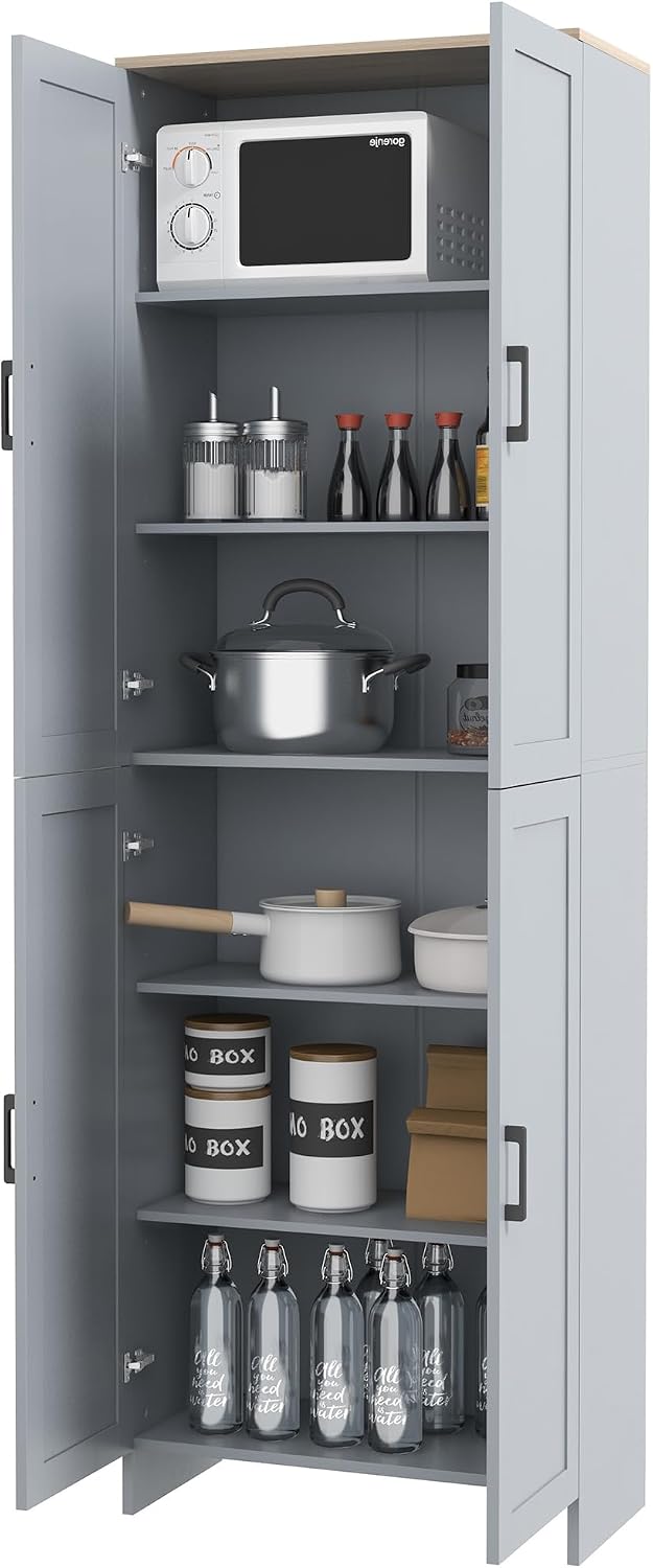 72" Freestanding Kitchen Pantry, 4-Door Storage Cabinet Organizer with Adjustable Shelves, Kitchen Cabinet with Doors and Shelves, Gray