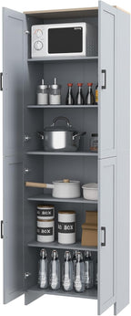 72" Freestanding Kitchen Pantry, 4-Door Storage Cabinet Organizer with Adjustable Shelves, Kitchen Cabinet with Doors and Shelves, Gray