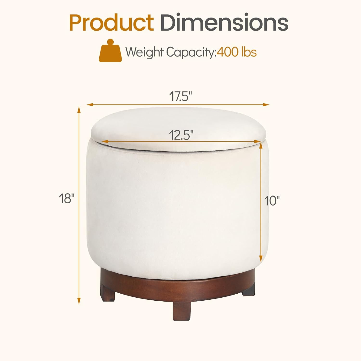Giantex Round Ottoman with Storage, 360° Swivel Velvet Vanity Stool with Removable Lid, Wood Frame & Legs, Ottoman Foot Rest for Living Room, Bedroom, Makeup Room No Assembly (White & Walnut)
