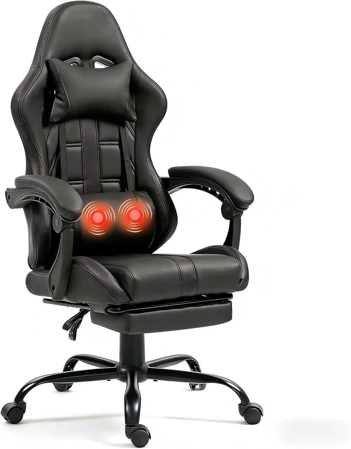 ECOTOUGE Massage Gaming Chair, Video Game Chair with Footrest, Ergonomic Computer Chair with Headrest and Massage Lumbar Support, Height Adjustable High Back Office Desk Chair with 360° Swivel, Black