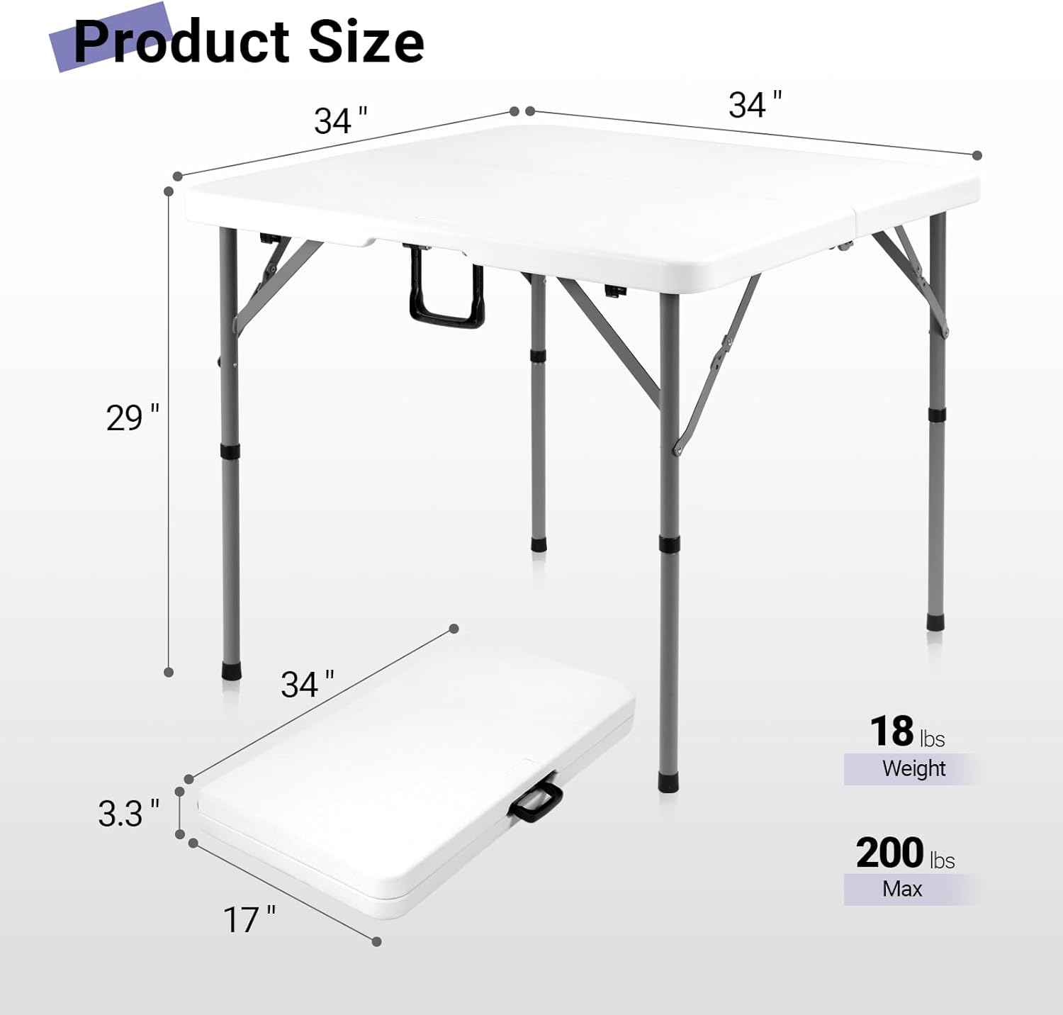 Byliable 34" Folding Square Card Table, Portable Heavy Duty HDPE Fold-in-Half Folding Table with Carrying Handle for Indoor/Outdoor Use – Ideal for Picnic, Camping, Parties, White