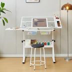 GarveeHome Drafting Table w/Stool, Height Adjustable Multifunctional Art Craft Artists Desk Tilting Glass Tabletop Diamond Paintings Work Station w/2 Storage Drawers for Home Office, White