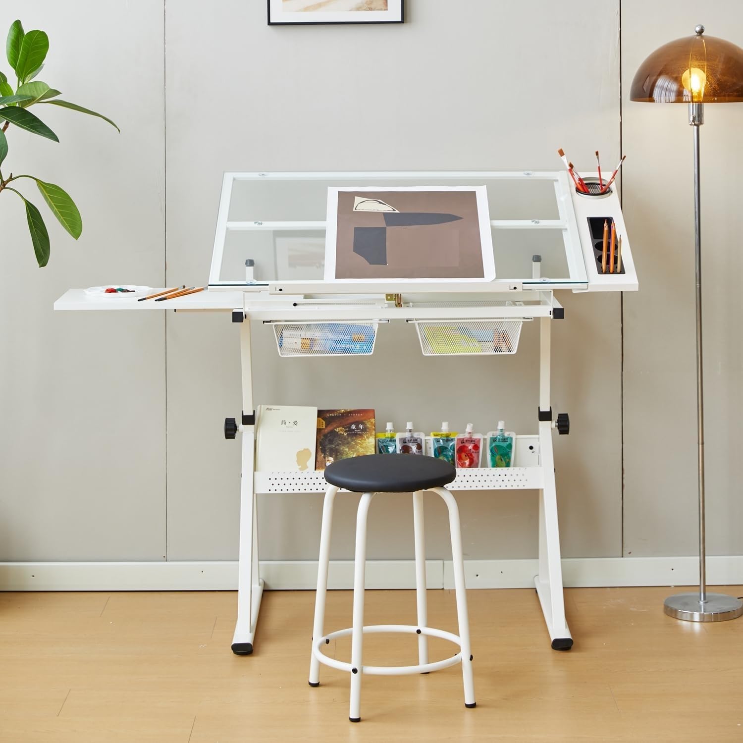 Drafting Table w/Stool, Height Adjustable Multifunctional Art Craft Artists Desk, Tilting Glass Tabletop Diamond Paintings Work Station w/2 Storage Drawers & for Tray Home Office