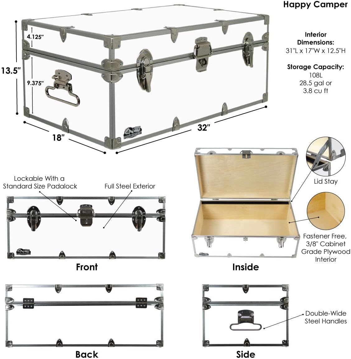 C&N Footlockers - Full-Size Happy Camper Trunk w/Lidmate Organizer - #1 Summer Camp Trunk - Made in the USA - Steel Footlocker with Lid Stay - 32 x 18 x 13.5 Inches (Lilac)
