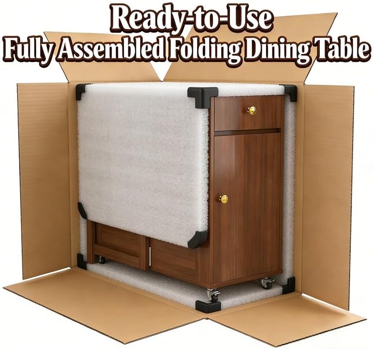 Folding Dining Table - 59" Ready Assembled Space-Saving Drop Leaf Table with Storage & 4 Lockable Wheels for Dining Room, Kitchen (Walnut)