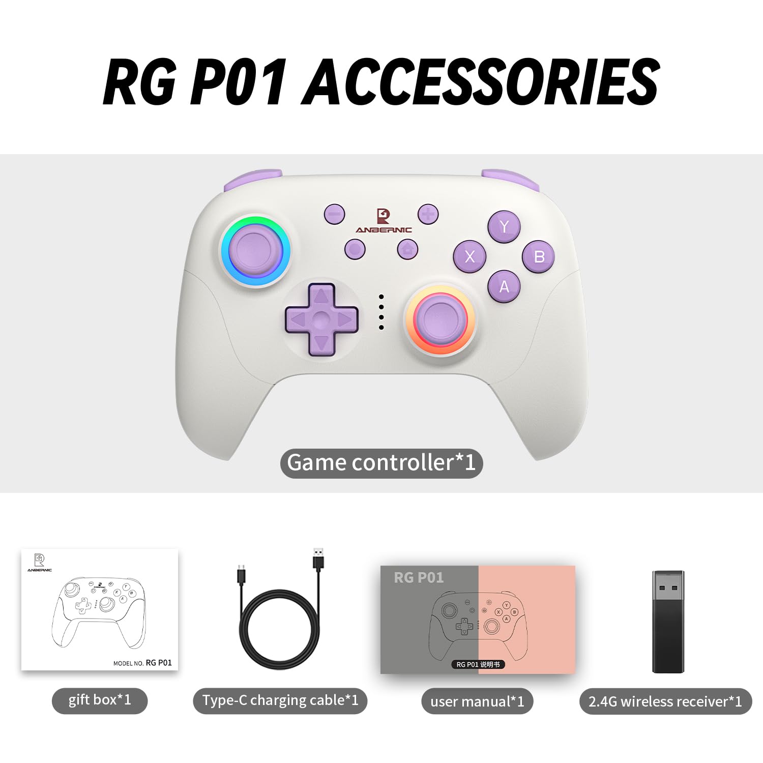 RG P01 Wireless Gaming Controller Compatible with Switch Game Controllers RG P01 2.5G Controller Gamepad for Bluetooth/PC/Steam/iOS/Android/Switch Hall Effect RGB Lights [android,ios,nintendo_switch,windows]