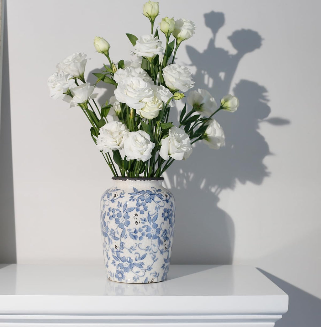 Light Blue White vase Flower Ceramic Porcelain Vintage Chinoiserie Floral French 8" H