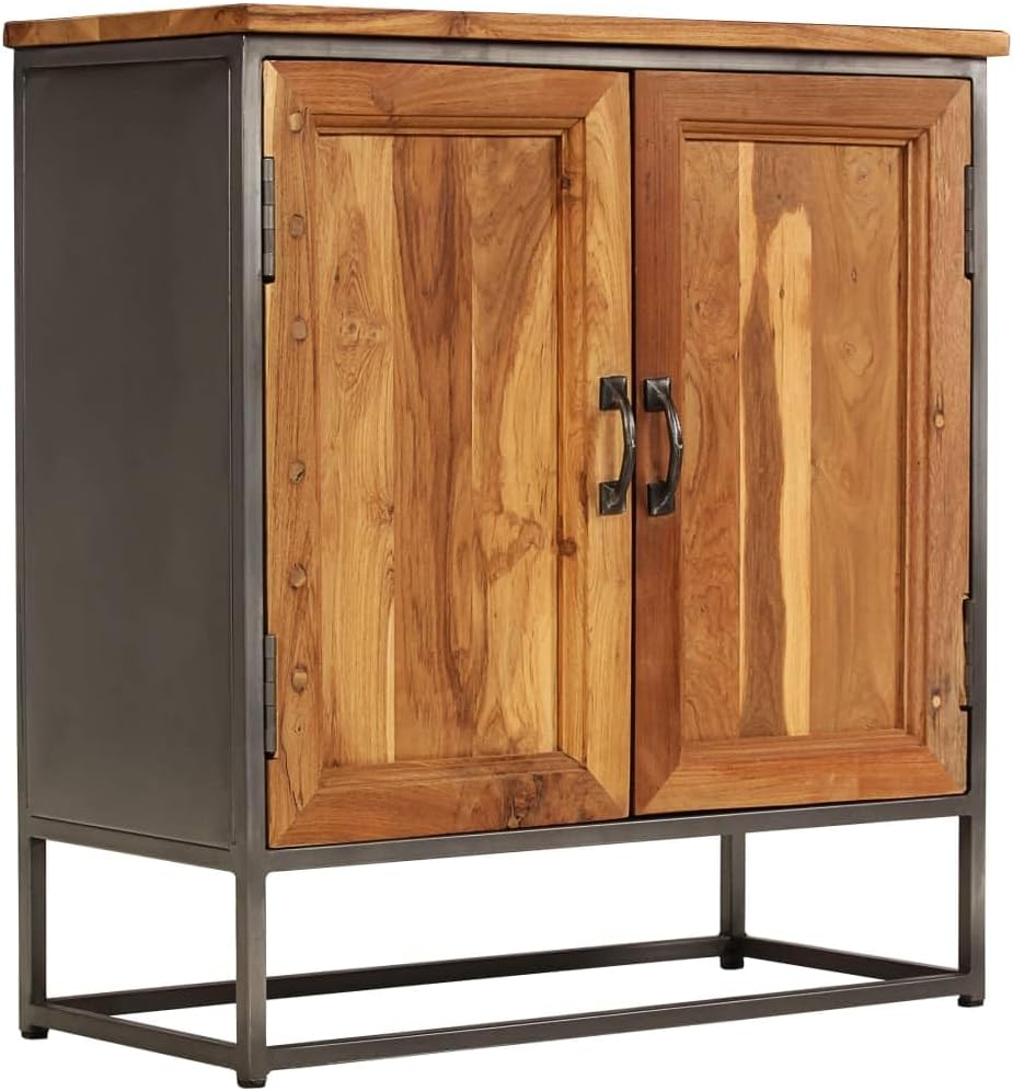 Brown and Grey Recycled Teak and Steel Medium Sideboard with Unique Wood Grain and Sturdy Construction for Living Dining Room Storage