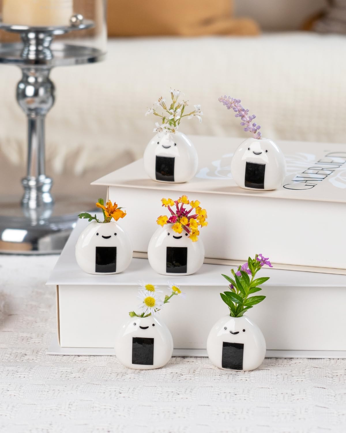 6 PCS Cute Handmade Ceramic Mini Vases - Japanese Onigiri Rice Ball Design for Dried Flowers and Small Stems, Adorable Mini Table Decor, Unique Japanese Craft Gift