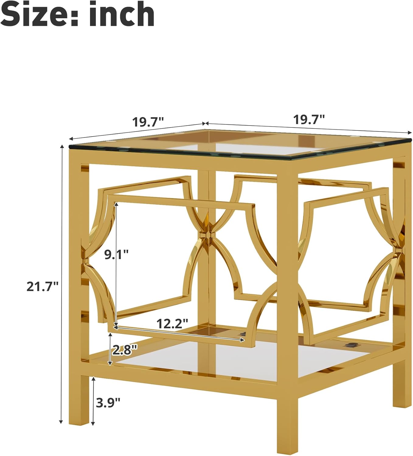 19.7" Modern Square Side Table with Tempered Glass Top & Storage Shelf, Luxury Glam End Table with Metal Frame for Living Room, Bedroom, Sofa Side, Small Space Accent Table