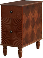 Narrow End Table with Charging Station，Modern Sofa Side Table with 2 Drawers，Narrow Side Tables with Storage Cabinet, Wood Slim Nightstand, End Tables for Living Room, Bedroom