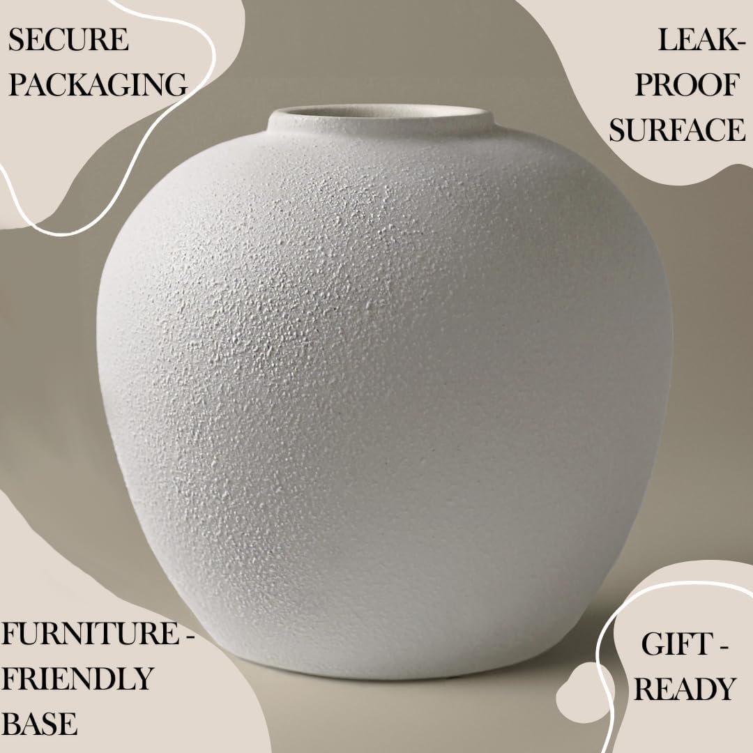 White Ceramic Vase 7.9 inch Round Minimalist Leak-Proof Vases for Flowers with Soft Pads, Modern Farmhouse Decor for Living Room