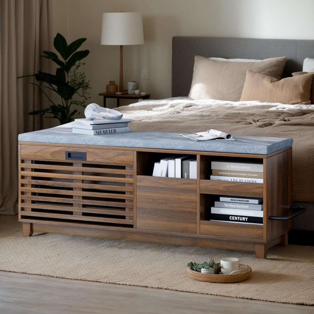 Gyfimoie 2-Tier Shoe Storage Bench,47" Entryway Bench with 2 Flip Drawers & Padded Seat Cushion, Walnut Shoe Bench with Adjustable Shelves & Sliding Doors,Storage Bench for Entryway,Hallway,Bedroom