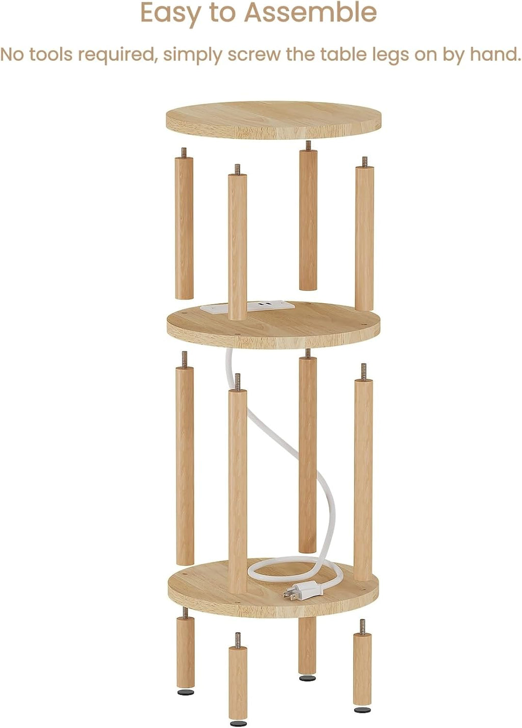 LUCKNOCK Small Round Side Table with Charging Station, 3-Tier Solid Wood End Table, Narrow Compact Sofa Bedside Table for Small Spaces, Easy Assembly for Living Room, Bedroom, Apartment (Natural)