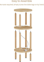 LUCKNOCK Small Round Side Table with Charging Station, 3-Tier Solid Wood End Table, Narrow Compact Sofa Bedside Table for Small Spaces, Easy Assembly for Living Room, Bedroom, Apartment (Natural)