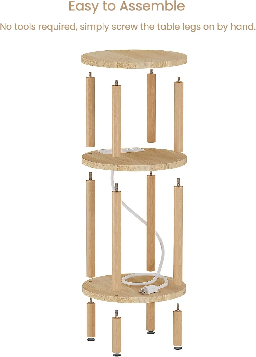 LUCKNOCK Small Round Side Table with Charging Station, 3-Tier Solid Wood End Table, Narrow Compact Sofa Bedside Table for Small Spaces, Easy Assembly for Living Room, Bedroom, Apartment (Natural)