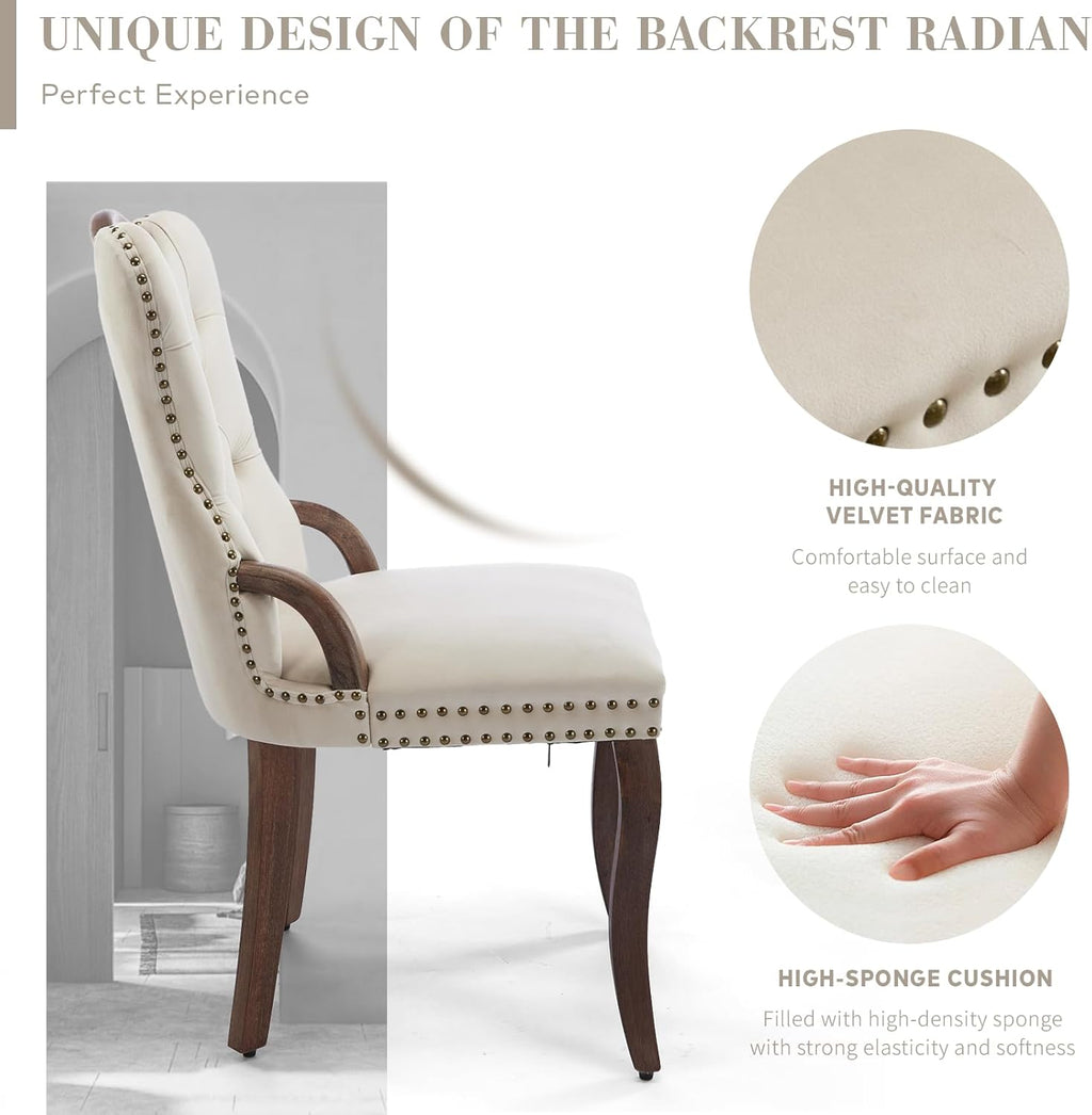 SoarFlash Velvet Dining Chair Set of 6, Solid Wood Handles, Upholstered Tufted Dining Room Chair with Nailhead Trim for Dining Room, Living Room, Office (Beige)