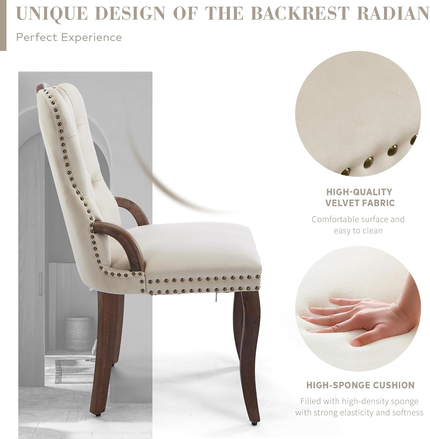 SoarFlash Velvet Dining Chair Set of 6, Solid Wood Handles, Upholstered Tufted Dining Room Chair with Nailhead Trim for Dining Room, Living Room, Office (Beige)