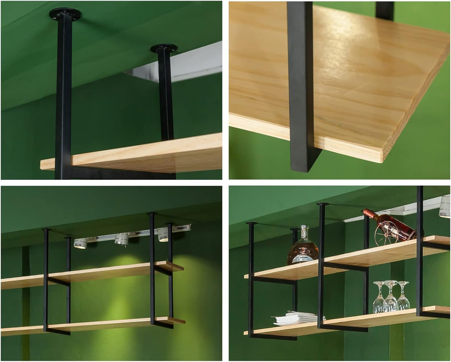 Ceiling Shelf, Floating Shelves Kitchen Storage Wine Rack, Industrial Ceiling Mount Shelf 2 layer, Wine bottle, Wine Glass, Dish Storage Rack, for Restaurant, Bar, Kitchen (47.2×11.8×23.6in, Black)