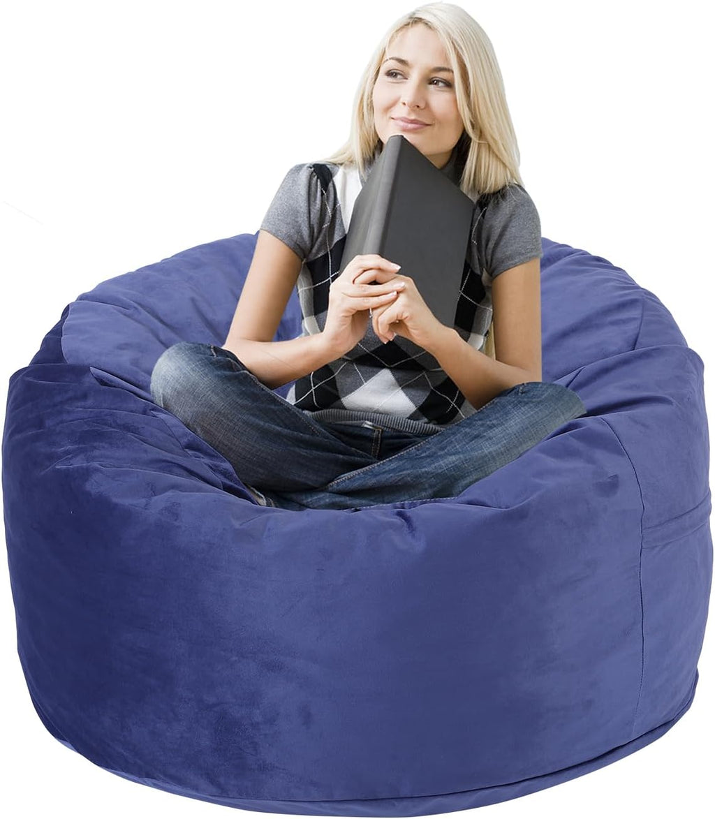 3 Feet Bean Bag Chair, Memory Foam Filled, Removable Cover, Bean Bag Chairs for Adults and Teens, Round Sofa Chair for Living Room, Bedroom and Gaming Room, Blue
