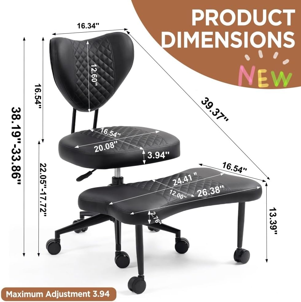 Meditation Chair Ergonomic Cross-Legged Seating Chair with Lumbar Support Height-Adjustable Cushion Beige - Comfortable Posture for Office Work Study and Meditation (Black PU-1)