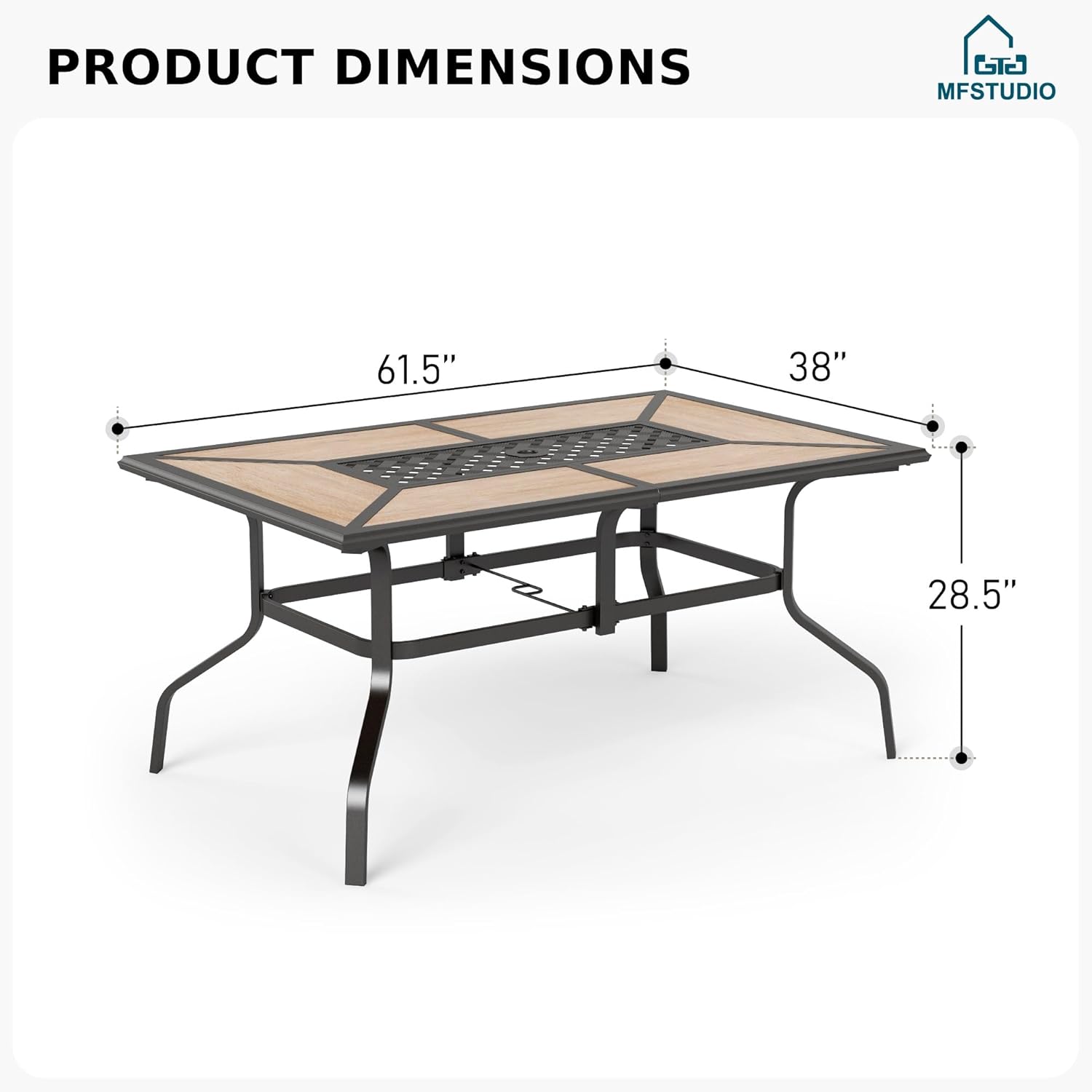 MFSTUDIO Outdoor Patio Dining Table for 6, Rectangular Patio Furniture Table with Metal Frame and Immitation Top, Adjustable Umbrella Hole
