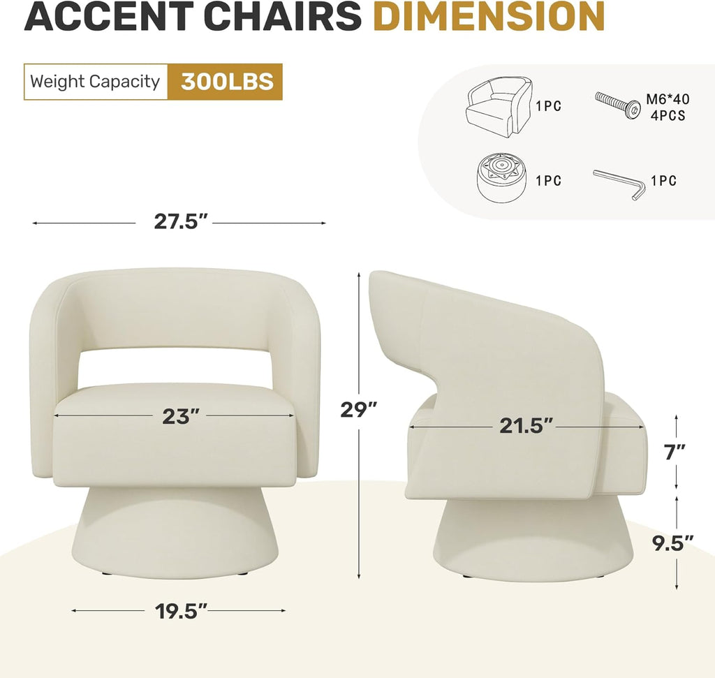 Nebuaegis Swivel Accent Chair Set of 2, Modern Comfy Chenille Barrel Chairs, Oversized Upholstered Round Arm Chair for Living Room, Bedroom, Reading Room, Beige