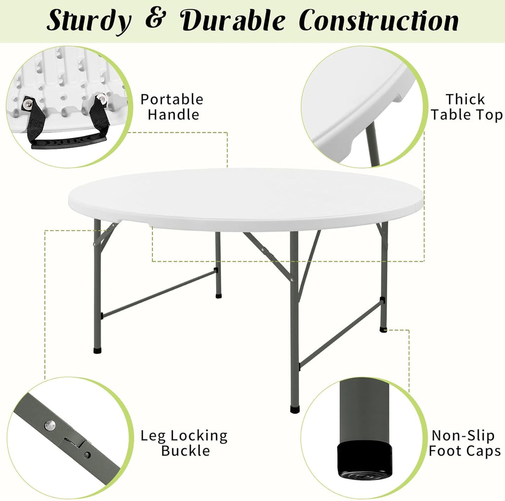 Fivenl 5 FT Round Folding Tables White Foldable Table, Fold-in-Half with Carrying Handle Portable Plastic Table for Party, Dining, Wedding, Camping, Picnic, Indoor Outdoor Events