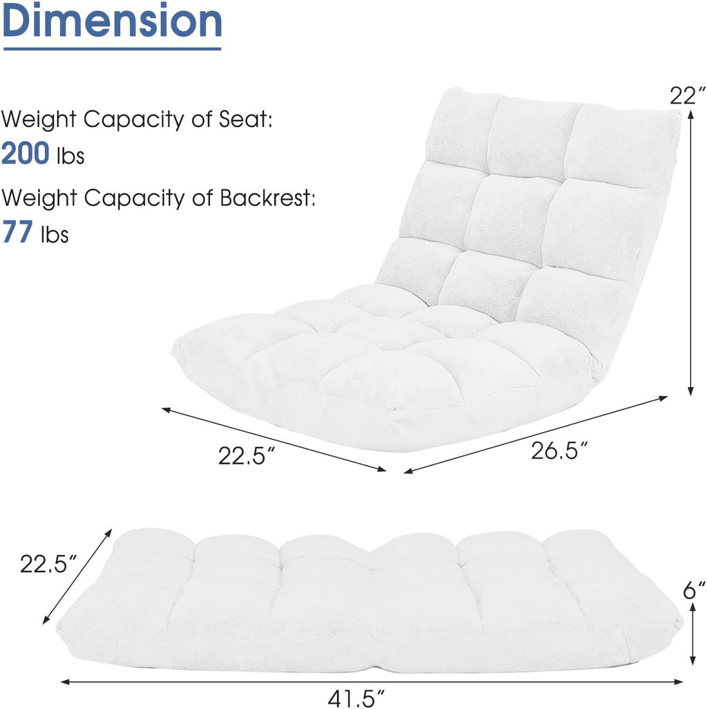 Memory Foam Floor Chair, 14-Poistion Adjustable Reading Gaming Chair Recliner, Folding Cushioned Meditation Chair with Back Support, Padded Lazy Sofa for Adults, Kids (White)