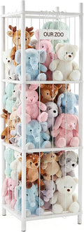 DUMOS Stuffed Animal Storage, 54In Large Stuffed Animal Holder, Plushies Storage with Solid Wood Base&Elastic Cord, Space Save Zoo Toy Organizers for Playroom Bedroom Nursery White