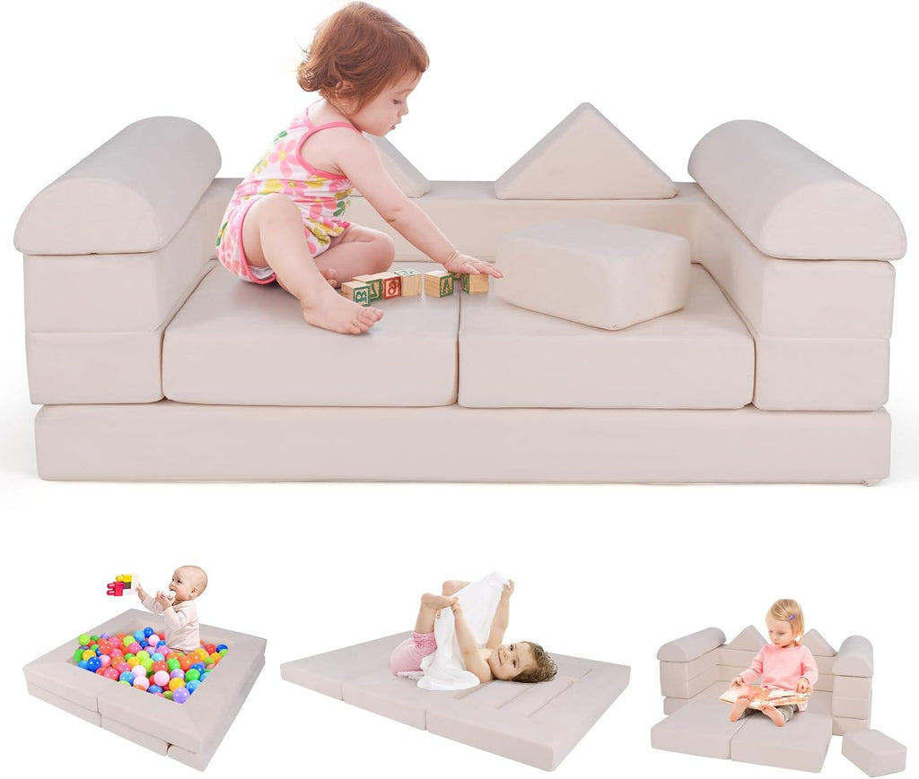 Costzon 9 Pcs Kids Play Couch, Versatile Building Fort Foam Play Couch for Boys & Girls, Crawling Floor Sofa for Sleeping, Convertible Soft Foam Playset for Kids Teen Playroom Bedroom Gifts
