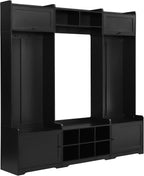 JIJIWANG 9.1''Wide Modern Hall Tree with Shoe Storage, 4-in-1 Multi-Functional Entryway Bench with 8 Cubbies, 7 Coat Hooks & Adjustable Shelf for Hallway, Living Room, Black