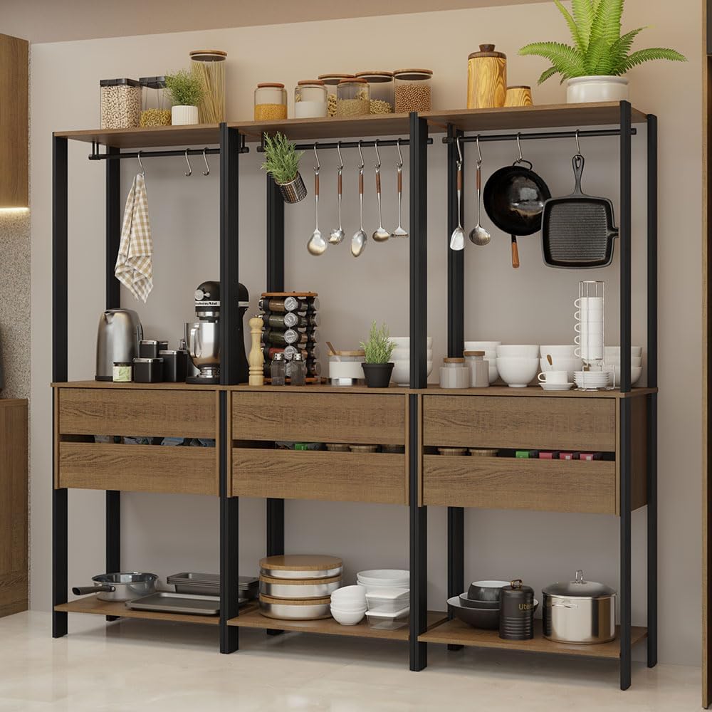 Madesa Kitchen Pantry Storage Rack with 6 Drawers and Hanging Spaces 82" L Multiuse Modular Cabinet for Kitchen Organization (Black/Brown)