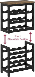 MOGELAFOO 6 Tier Bamboo Wine Rack Freestanding Floor, 24 Bottles Wine Storage Shelves with Table Top, Stackable Wine Display Rack for Kitchen, Bar, Dining Room, Rustic Brown and Black