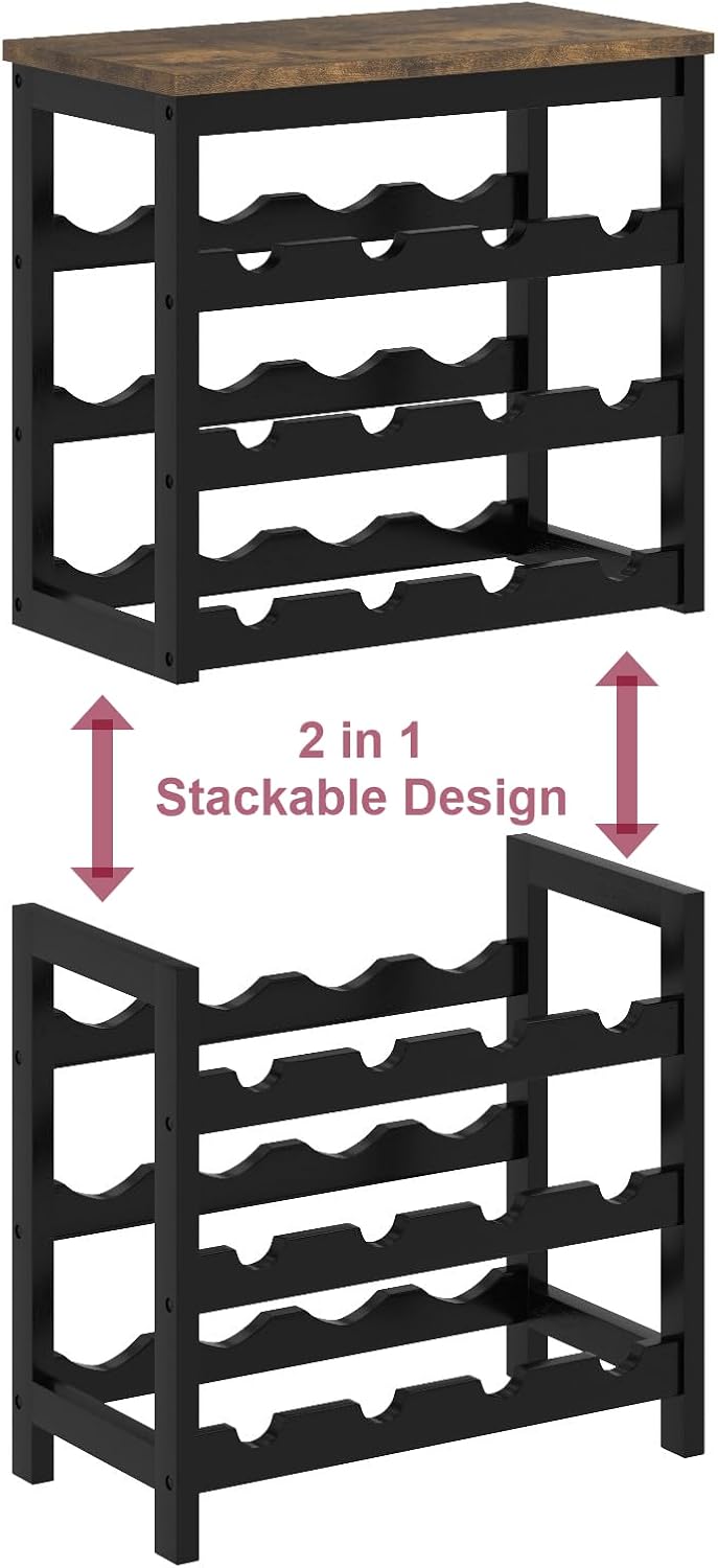 MOGELAFOO 6 Tier Bamboo Wine Rack Freestanding Floor, 24 Bottles Wine Storage Shelves with Table Top, Stackable Wine Display Rack for Kitchen, Bar, Dining Room, Rustic Brown and Black