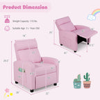 Costzon Kids Recliner, Adjustable PU Leather Lounge Chair w/Side Pockets, Footrest, Headrest for Kids Room&Play Room, Easy to Clean, Padded Pink Recliner Sofa for Children Boys Girls Aged 3-12 (Pink)