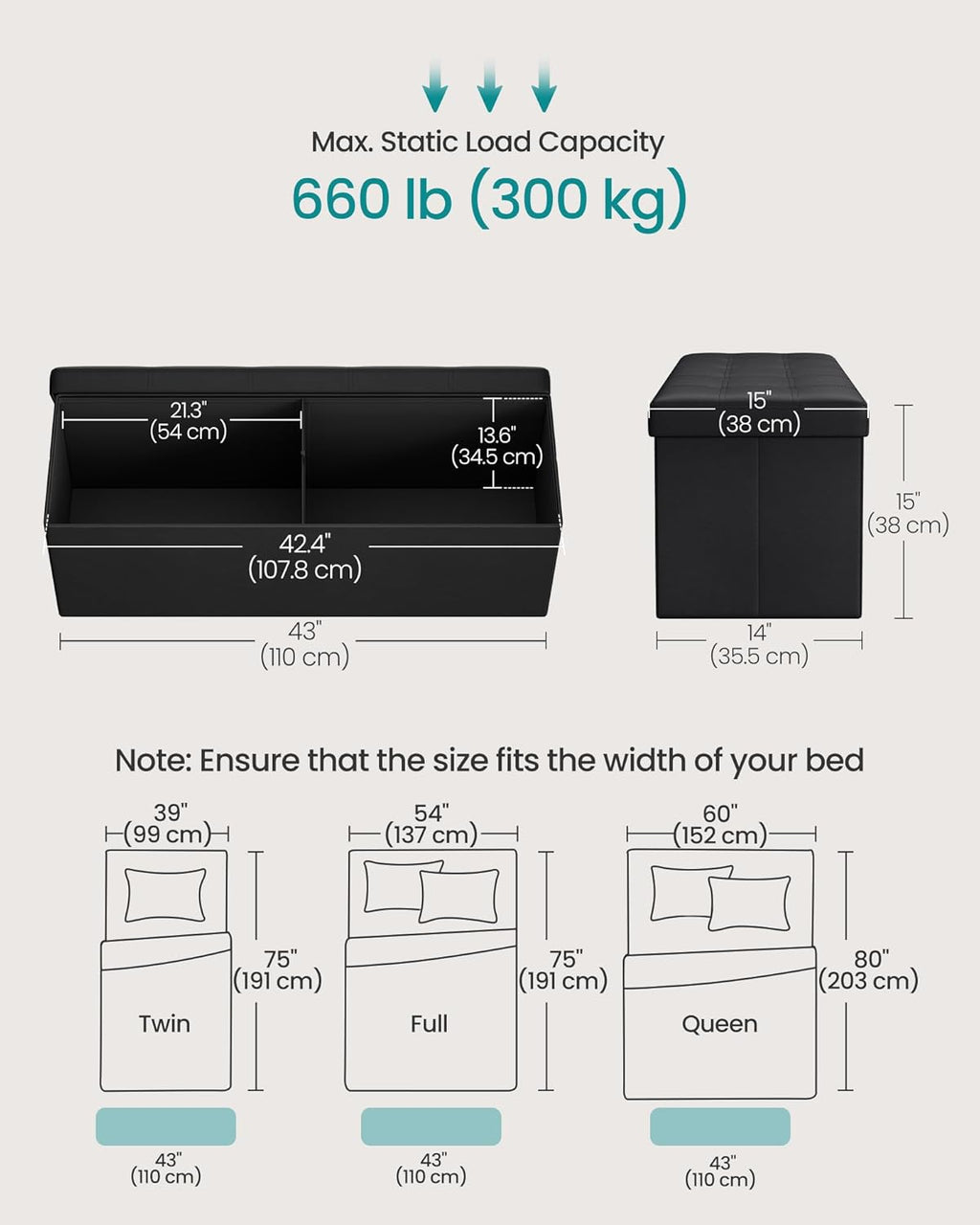 SONGMICS MAZIE Collection - 43 Inches Folding Storage Ottoman Bench, Ottoman with Storage, Foot Rest Stool, Load 660 lb, for Living Room, Synthetic Leather, Black ULSF701