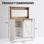 4ever2buy Farmhouse Coffee Bar with Hutch, White Coffee Bar Cabinet with Storage Sliding Barn Door, 31 Inch Buffet Cabinet with 6 Hooks, Coffee Bar Table with Adjustable Shelves for Living Dining Room