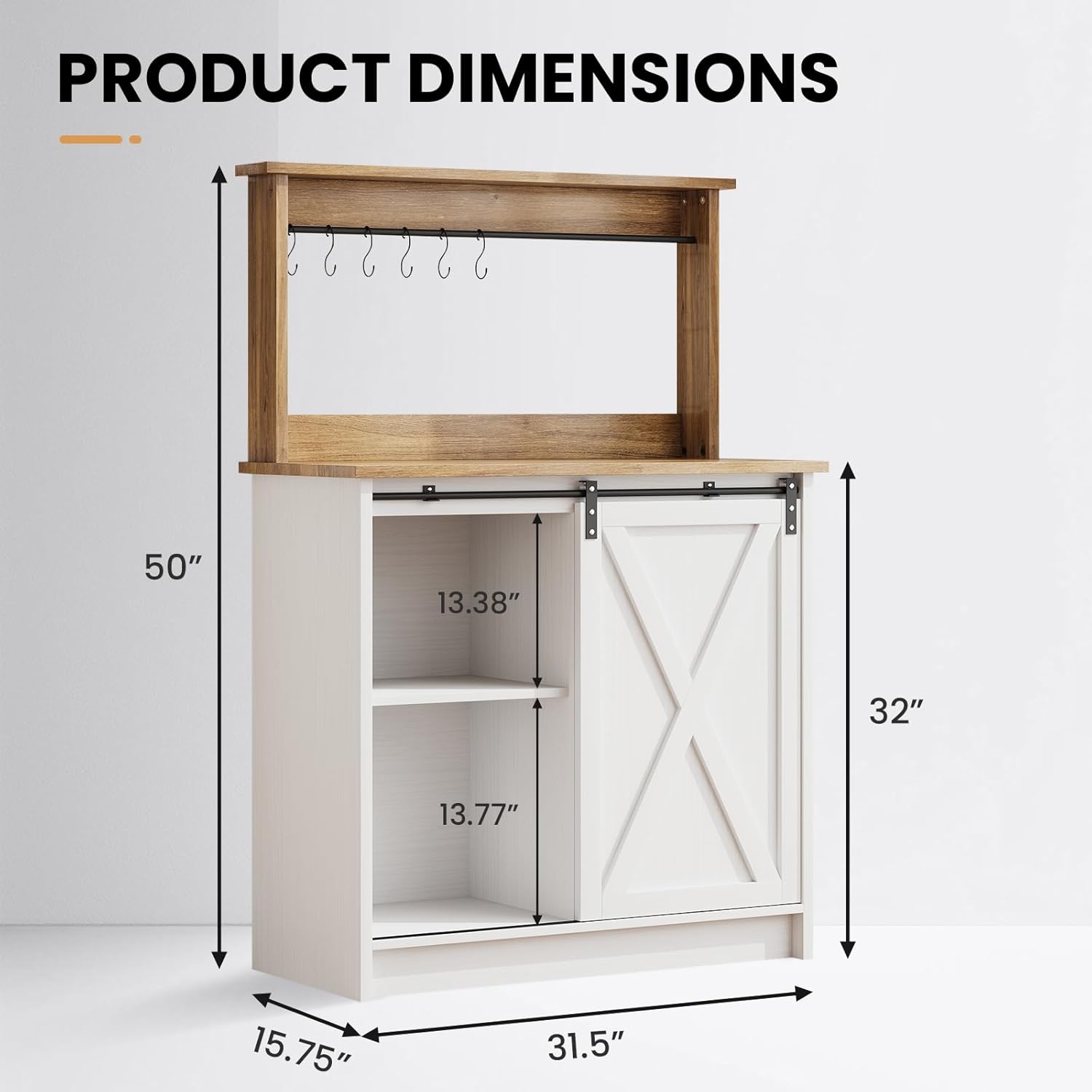 4ever2buy Farmhouse Coffee Bar with Hutch, White Coffee Bar Cabinet with Storage Sliding Barn Door, 31 Inch Buffet Cabinet with 6 Hooks, Coffee Bar Table with Adjustable Shelves for Living Dining Room