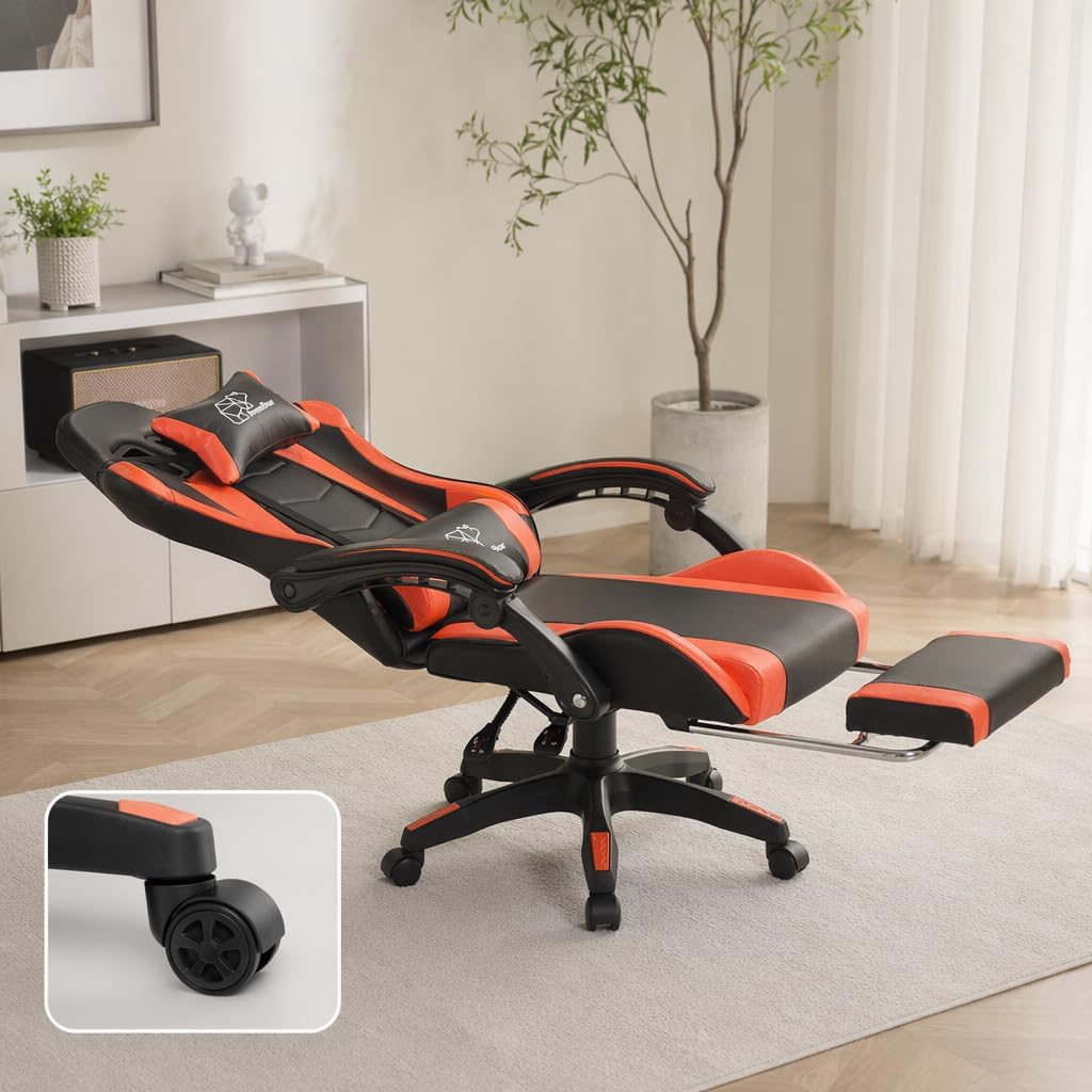 Ergonomic Gaming Chair with Footrest for Adults, Reclining High-Back Computer Chair with Lumbar Support & Headrest, PU Leather Height Adjustable Gaming Chair with Linked Armrests, Orange Black