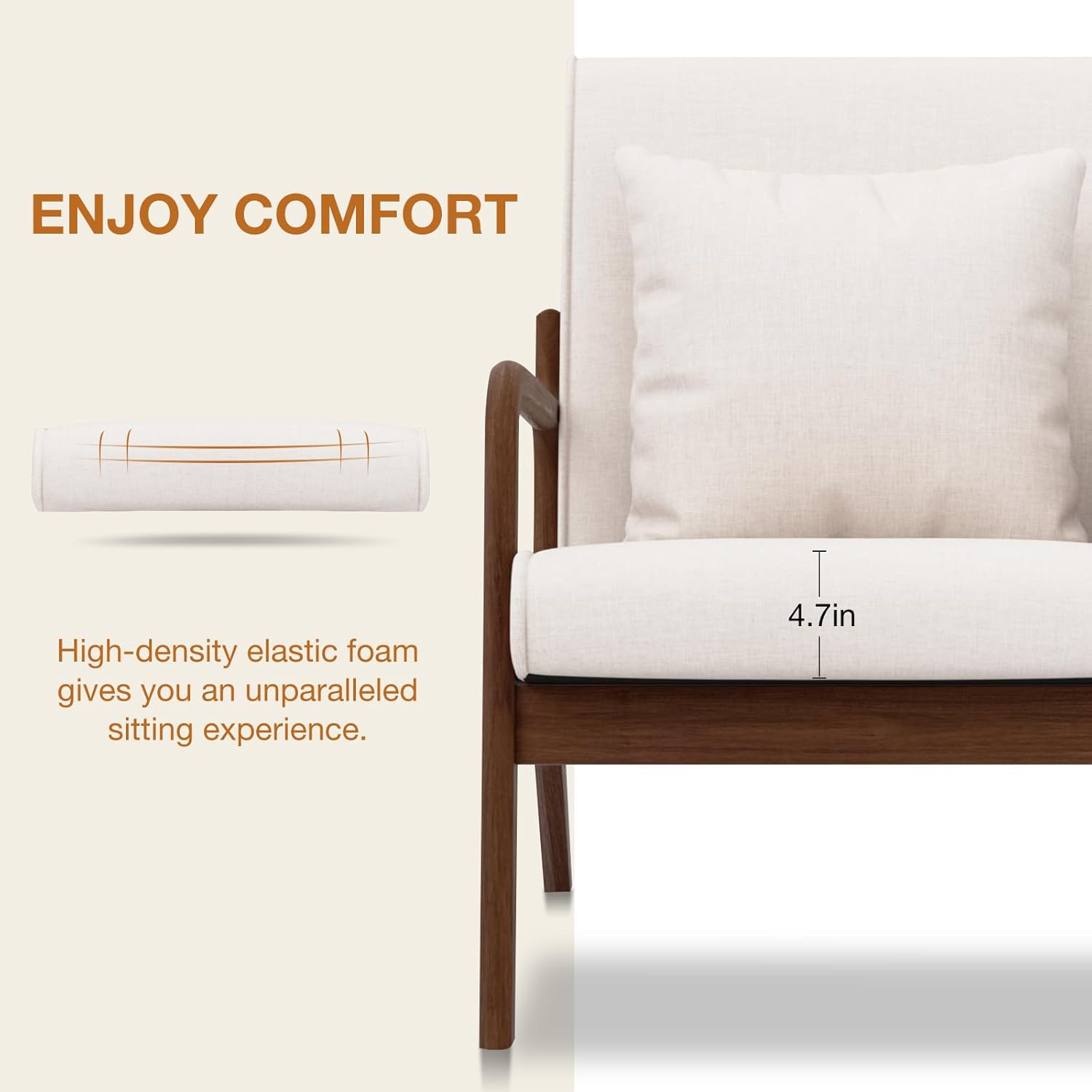HOMMPA Mid-Century Modern Accent Chair Set of 2, Comfy Reading Armchair with Solid Wood Frame & Lumbar Pillow, Upholstered Linen Lounge Chair with Side Pocket for Living Room, Bedroom,Balcony(Beige)