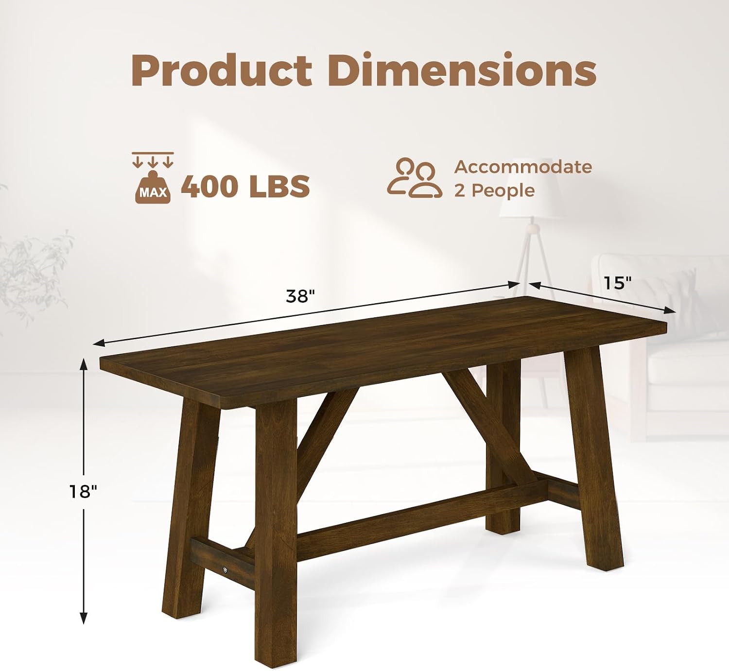 GOFLAME 38” Wood Dining Bench, Farmhouse Entryway Bench with Rubber Wood Frame, Shoe Changing Bench Seat, End of Bed Bench for Hallway, Kitchen, Dining Room, Bedroom, 400 LBS Weight Capacity