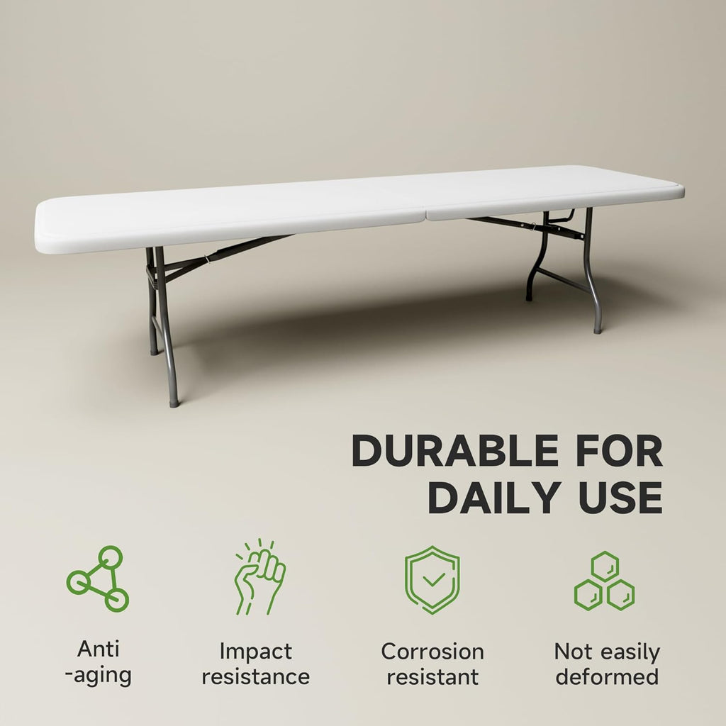 Folding Table 8 Foot - Heavy Duty 660LBS Capacity, Sturdy & Foldable Design with Safety Lock - Portable Tables Folding for Camping, Party, Indoor & Outdoor Use, 2 Pack