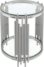 19.7" Luxury Round Silver End Table with 2-Tier Clear Tempered Glass Shelves, Modern Sofa Bedside Table for Living Room Bedroom Home Office, Polished Stainless Steel Frame